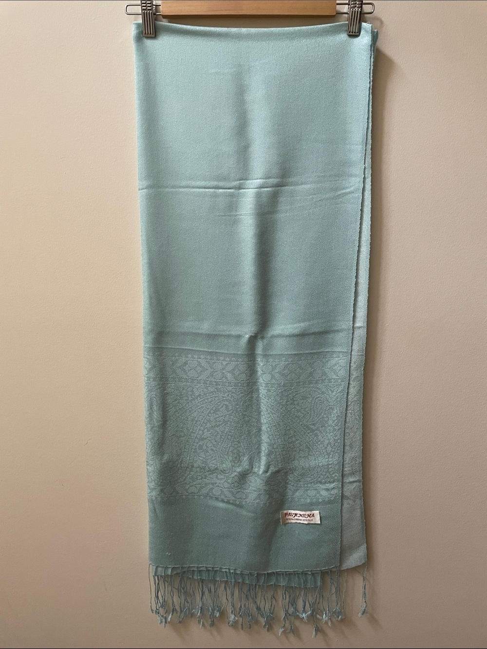 Pashmina Light Aqua Scarf with Knotted Fringe